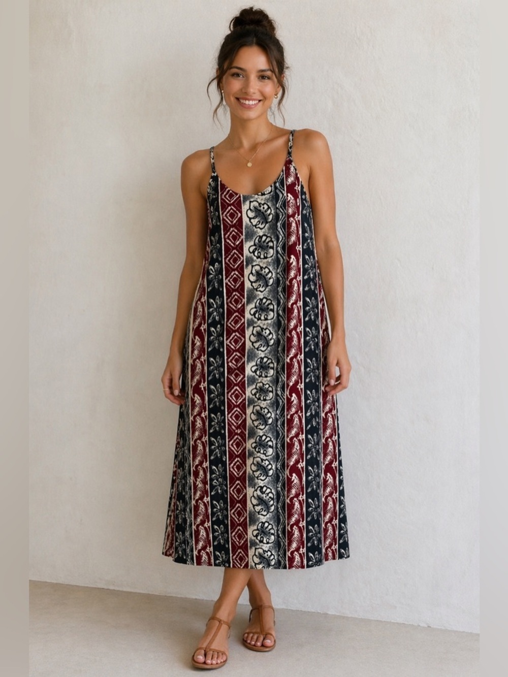 Vintage Blue Sky Tropical Print Maxi Slip Tank Sun Dress Beach Vacation XLG
